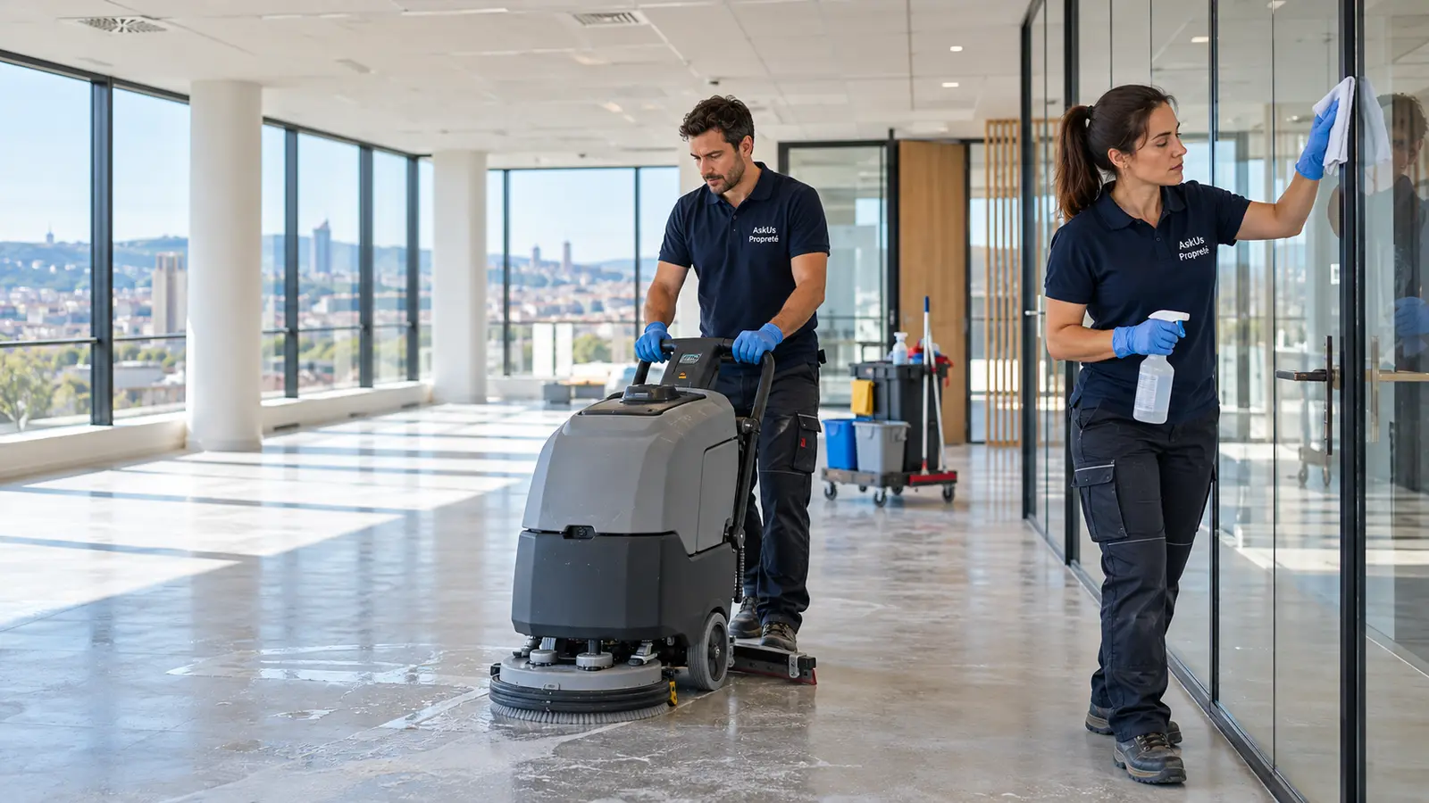 Équipe AskUs Propreté réalisant une remise en état de bureaux à Lyon