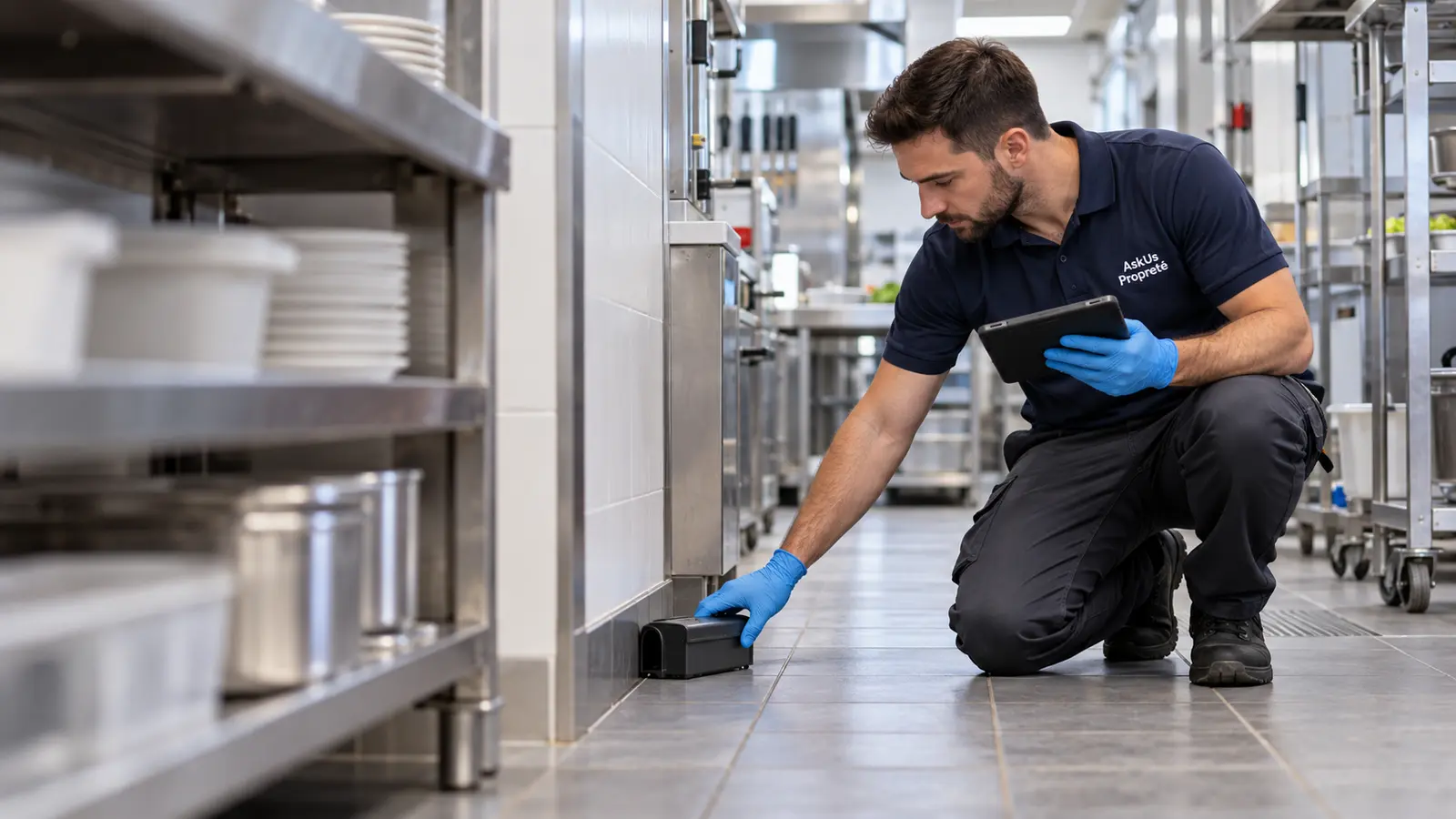 Technicien AskUs Propreté réalisant une inspection contre les nuisibles à Lyon